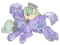 Size: 2000x1500 | Tagged: safe, artist:curiouskeys, derpibooru import, cinnabar, golden hooves, quicksilver, crystal pony, earth pony, pegasus, pony, armor, bedroom eyes, cinnasilver, clothes, crystal empire, guard, mailmare, male, shipping, straight, uniform