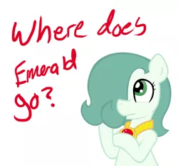 Size: 1500x1406 | Tagged: safe, artist:ficficponyfic, derpibooru import, edit, oc, oc:emerald jewel, unofficial characters only, earth pony, pony, colt quest, amulet, child, color, colored, colt, cyoa, femboy, foal, hair over one eye, male, question mark, simple background, solo, story included, thinking, vector, white background