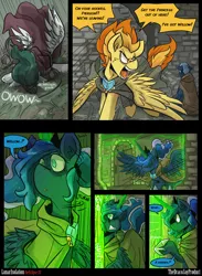 Size: 3000x4091 | Tagged: artist:dracojayproduct, barrier, cloak, clothes, comic, comic:lunar isolation, derpibooru import, magic, oc, oc:pierson, oc:willow, princess luna, safe, spitfire