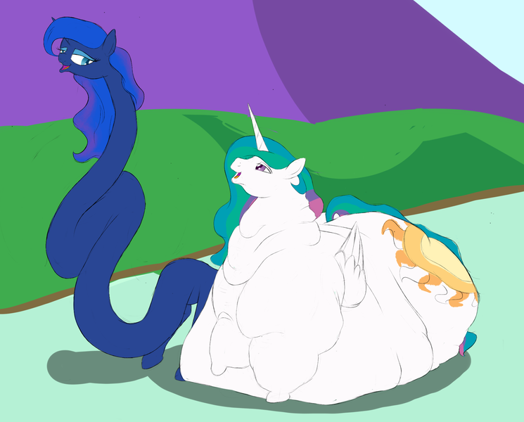 Size: 2034x1638 | Tagged: artist:astr0zone, belly, belly bed, big belly, bingo wings, blob, chubbylestia, derpibooru import, fat, huge butt, impossibly large belly, impossibly long neck, large butt, long neck, looking at each other, morbidly obese, mountain, near immobile, necc, neck roll, obese, open mouth, princess celestia, princess luna, princess luneck, questionable, rolls of fat, royal fitness, royal sisters, saggy, sibling rivalry, size difference, smiling, twisted neck, wat