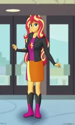 Size: 3000x5000 | Tagged: safe, artist:theovermare, derpibooru import, sunset shimmer, equestria girls, boots, clothes, jacket, leather jacket, looking at you, multiple variants, pony ears, skirt, smiling, solo