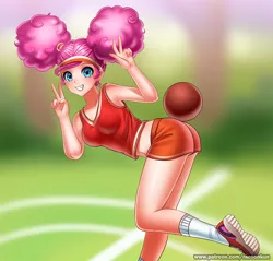Size: 942x900 | Tagged: alternate hairstyle, armpits, artist:racoonsan, ass, ball, balloonbutt, belly button, bend over, bent over, blue eyes, breasts, buckball, buckball season, buckball uniform, busty pinkie pie, butt bump, butt smash, clothes, cute, derpibooru import, diapinkes, female, grin, gym shorts, happy, headband, human, humanized, leg lifted, legs, looking at you, midriff, object on ass, outdoors, peace sign, pinkie pie, pinktails pie, raised leg, safe, shoes, shorts, smiling, sneakers, socks, solo, sports shorts, tanktop, thighs