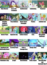 Size: 2055x2800 | Tagged: safe, derpibooru import, edit, edited screencap, screencap, apple bloom, applejack, cheerilee, daring do, discord, fluttershy, pinkie pie, princess luna, rainbow dash, rarity, scootaloo, snails, snips, spike, starlight glimmer, sweetie belle, tom, trixie, twilight sparkle, twilight sparkle (alicorn), bat pony, dog, parasprite, applejack's "day" off, baby cakes, bloom and gloom, bridle gossip, castle sweet castle, dungeons and discords, equestria girls, friendship is magic, luna eclipsed, magic duel, ponyville confidential, scare master, stranger than fan fiction, the crystalling, the cutie mark chronicles, the one where pinkie pie knows, the return of harmony, three's a crowd, appletini, arrgh!, body cast, bubblestand, culture shock, darkness, destroyed library, egghead dash, f.u.n., filly, filly fluttershy, flutterbat, fools in april, fun, golden oaks library, hearts and hooves day, help wanted, home sweet pineapple, i was a teenage gary, jellyfish jam, jellyfishing, looking good spike, manebow sparkle, meme, mermaid man and barnacle boy ii, musclebob buffpants, nature pants, naughty nautical neighbors, opposite day, pickles, pizza delivery, pose, prunity, pruny, race swap, reading rainboom, rock, rock bottom, scaredy pants, sheldon j. plankton, sick, sleepy time, spike the dog, spongebob comparison charts, spongebob squarepants, squidward the unfriendly ghost, suds, tea at the treedome, valentine's day (spongebob episode), wall of tags