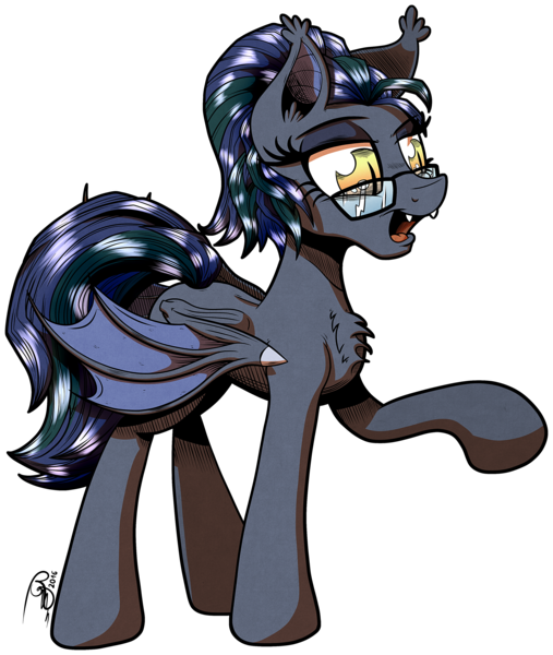 Size: 3371x3986 | Tagged: safe, artist:gray--day, derpibooru import, oc, oc:jynxx, unofficial characters only, bat pony, pony, bat pony oc, fangs, glasses, open mouth, patreon, patreon reward, raised hoof, signature, simple background, solo, transparent background