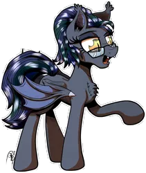 Size: 3371x3986 | Tagged: safe, artist:gray--day, derpibooru import, oc, oc:jynxx, unofficial characters only, bat pony, pony, bat pony oc, fangs, glasses, open mouth, patreon, patreon reward, raised hoof, signature, simple background, solo, transparent background