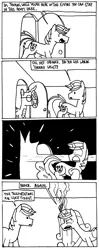 Size: 800x2011 | Tagged: semi-grimdark, artist:timsplosion, derpibooru import, princess cadance, shining armor, thorax, alicorn, changeling, pony, unicorn, implied death, magic blast, monochrome, paper-thin disguise, shining armor is a goddamn moron, spy