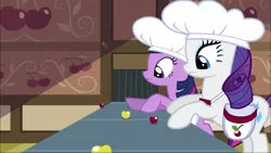 Size: 1920x1080 | Tagged: safe, derpibooru import, screencap, rarity, twilight sparkle, pony, the last roundup, cherry, duo, female, food, mare, rarity looking at food, yellow cherry