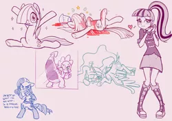 Size: 1800x1271 | Tagged: suggestive, artist:pencils, derpibooru import, marble pie, princess celestia, rarity, sonata dusk, spike, equestria girls, :i, against glass, asshat, blushing, clothes, crossover, cute, dialogue, drunk, drunklestia, featureless crotch, flexible, glass, heart, juice, majestic as fuck, marblebetes, misleading thumbnail, not what it looks like, plothat, ponytail, raised tail, simple background, skirt, sonatabetes, splits, tail, wolverine, x-men