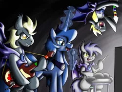 Size: 1000x750 | Tagged: safe, artist:firebrandkun, derpibooru import, princess luna, oc, oc:midnight blossom, bat pony, pony, gamer luna, microphone, night guard, rhythm game, rock band, royal guard