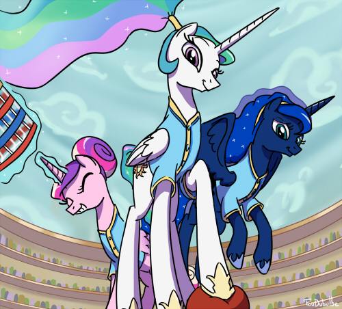 Size: 500x452 | Tagged: safe, artist:foudubulbe, derpibooru import, princess cadance, princess celestia, princess luna, alicorn, pony, buckball season, alicorn triarchy, bottomless, buckball, clothes, partial nudity, ponytail, sports, stadium, trio