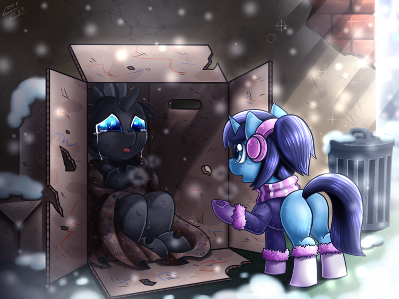 Size: 2000x1500 | Tagged: safe, artist:vavacung, derpibooru import, oc, oc:doppel, oc:serenity, unofficial characters only, changeling, pony, unicorn, blanket, box, clothes, crying, earmuffs, homeless, scarf, snow, snowfall