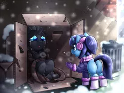 Size: 2000x1500 | Tagged: safe, artist:vavacung, derpibooru import, oc, oc:doppel, oc:serenity, unofficial characters only, changeling, pony, unicorn, blanket, box, clothes, crying, earmuffs, homeless, scarf, snow, snowfall