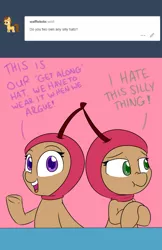Size: 1241x1920 | Tagged: artist:lockheart, ask, cherry, conjoined hat, derpibooru import, dialogue, embarrassed, food, hat, looking at you, looking away, oc, oc:cherry sweetheart, oc:stella cherry, open mouth, safe, scrunchy face, speech, text, tumblr, unofficial characters only