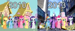 Size: 2411x1000 | Tagged: safe, derpibooru import, applejack, daring do, fluttershy, pinkie pie, rainbow dash, rarity, twilight sparkle, twilight sparkle (alicorn), alicorn, pony, background pony strikes again, body pillow, comparison, flanderization, glasses, hilarious in hindsight, juggalo, mane six, neckbeard, stubble, wat