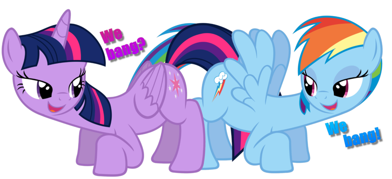 Size: 3000x1370 | Tagged: suggestive, artist:slb94, derpibooru import, rainbow dash, twilight sparkle, twilight sparkle (alicorn), alicorn, pony, butt bump, eye contact, female, females only, folded wings, imminent sex, lesbian, looking at each other, mare, shipping, twidash