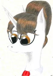 Size: 708x1004 | Tagged: safe, artist:pony-from-everfree, derpibooru import, raven, pony, unicorn, assistant, bust, clothes, collar, glasses, portrait, solo, traditional art