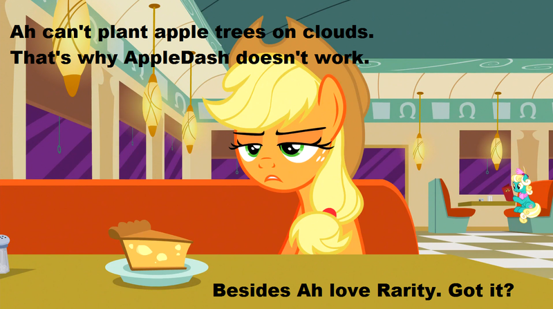 Size: 1457x815 | Tagged: applejack, applejack the anti-shipper, caption, derpibooru import, edit, edited screencap, image macro, implied appledash, implied rarijack, meme, screencap, shipping, solo, suggestive, text