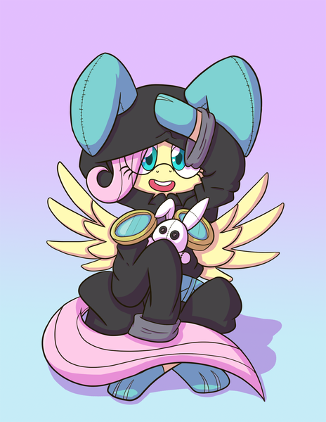 Size: 1484x1920 | Tagged: safe, artist:zanefir-dran, derpibooru import, fluttershy, pegasus, pony, blue background, bunny ears, clothes, costume, cute, dangerous mission outfit, female, goggles, gradient background, hoodie, looking at you, mare, newbie artist training grounds, oversized clothes, pink background, shyabetes, simple background, smiling, solo