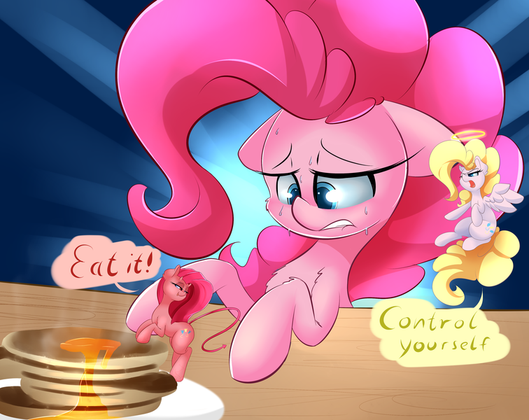 Size: 3400x2700 | Tagged: artist:madacon, conscience, derpibooru import, dialogue, exclamation point, floppy ears, newbie artist training grounds, open mouth, pancakes, pinkamena diane pie, pinkie pie, plate, safe, shoulder angel, shoulder devil, speech bubble, surprise, sweat, syrup, table, temptation, trinity pie