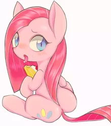 Size: 1122x1280 | Tagged: safe, artist:91o42, artist:ccc, derpibooru import, pinkie pie, earth pony, pony, blushing, cake, female, food, mare, pinkamena diane pie, simple background, solo, tongue out, white background