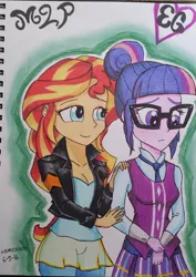 Size: 1318x1860 | Tagged: safe, artist:emichaca, derpibooru import, sci-twi, sunset shimmer, twilight sparkle, equestria girls, comforting, sad, traditional art