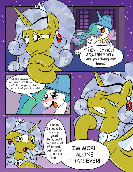 Size: 2550x3300 | Tagged: safe, artist:spacepig22, artist:squishy-and-squashy, artist:t-3000, derpibooru import, princess celestia, oc, oc:squishy, alicorn, pony, angst, comic, drunklestia, hat, lampshade, lampshade hat