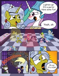 Size: 2550x3300 | Tagged: safe, artist:spacepig22, artist:squishy-and-squashy, artist:t-3000, derpibooru import, derpy hooves, fluttershy, pinkie pie, princess celestia, rainbow dash, surprise, twilight sparkle, twilight sparkle (alicorn), oc, oc:mandopony, oc:squishy, alicorn, earth pony, ogre, pegasus, pony, unicorn, angst, cake, comic, dance floor, dancing, explosion, female, food, hug, mare, michael bay, shrek, sibsy