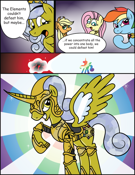 Size: 2563x3313 | Tagged: safe, artist:spacepig22, artist:squishy-and-squashy, artist:t-3000, derpibooru import, applejack, fluttershy, rainbow dash, oc, oc:squishy, alicorn, pony, armor, comic, laser, rainbow, thinking