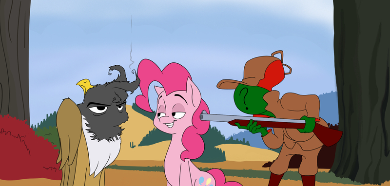 Size: 2257x1079 | Tagged: safe, artist:anontheanon, derpibooru import, gilda, pinkie pie, oc, oc:anon, gryphon, human, angry, backwards beak, beak, cartoon physics, clothes, duck season rabbit season, grin, hat, hunting, hunting rifle, lidded eyes, looney tunes, modular, pants, parody, rabbit seasoning, smiling, tree