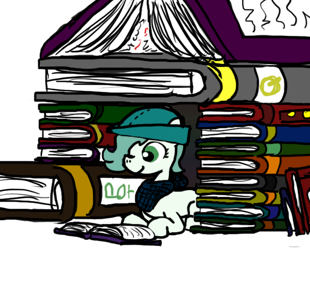 Size: 640x600 | Tagged: artist:ficficponyfic, bandana, book, book fort, color, colored, color edit, colt, colt quest, cute, cyoa, derpibooru import, edit, foal, hat, male, oc, oc:emerald jewel, page, pages, reading, safe, solo, unofficial characters only