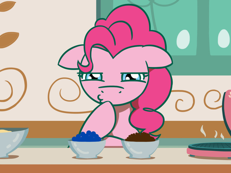 Size: 1280x960 | Tagged: safe, artist:flutterluv, derpibooru import, pinkie pie, earth pony, pony, atg 2016, choice, kitchen, newbie artist training grounds, pondering, solo, thinking, waffle iron