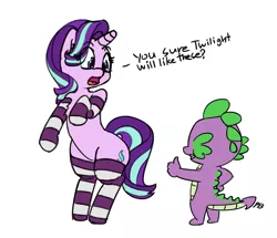 Size: 1280x1103 | Tagged: safe, artist:pabbley, derpibooru import, spike, starlight glimmer, dragon, pony, unicorn, bipedal, clothes, female, implied twistarlight, male, mare, open mouth, question, simple background, smiling, socks, striped socks, thumbs up, white background