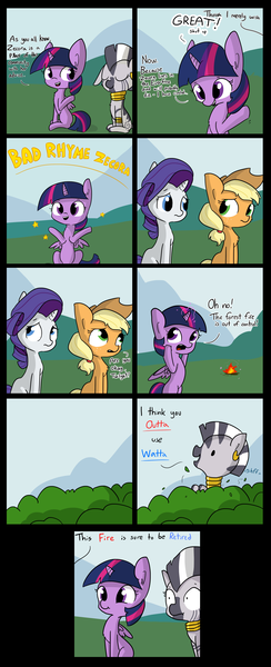 Size: 3105x7646 | Tagged: safe, artist:tjpones, derpibooru import, applejack, rarity, twilight sparkle, twilight sparkle (alicorn), zecora, alicorn, pony, zebra, :t, bad rhyme, bipedal, clone, comic, confused, cute, floppy ears, fluffy, frown, missing cutie mark, raised eyebrow, rhyme, rhyming, sitting, smiling, wide eyes, worried