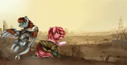 Size: 3911x1998 | Tagged: safe, artist:pridark, derpibooru import, oc, oc:chosen heart, oc:funeral dirge, unofficial characters only, earth pony, pony, fallout equestria, clothes, commission, duo, fallout, floating, wasteland, wavy