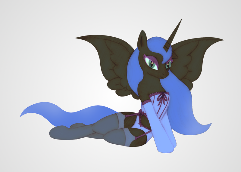 Size: 2133x1525 | Tagged: suggestive, artist:horsesass, derpibooru import, nightmare moon, alicorn, pony, semi-anthro, black fur, clothes, corset, female, garter belt, garters, lingerie, nicemare moon, panties, solo, stockings, stupid sexy nightmare moon, underwear