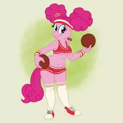 Size: 750x750 | Tagged: alternate hairstyle, anthro, artist:carelessdoodler, belly button, breasts, buckball, buckball season, clothes, derpibooru import, female, knee high socks, midriff, pinkie pie, pinktails pie, shoes, shorts, simple background, sneakers, socks, solo, solo female, sports bra, sports shorts, suggestive, thighs, underboob