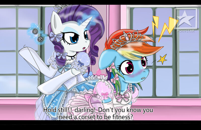 Size: 3500x2262 | Tagged: safe, artist:avchonline, derpibooru import, rainbow dash, rarity, pony, ballerina, ballet, bipedal, canterlot royal ballet academy, clothes, corset, dress, engrish, jewelry, rainbow dash always dresses in style, sewing, tiara, tomboy taming, tutu