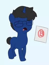 Size: 540x720 | Tagged: safe, artist:triplesevens, derpibooru import, oc, oc:lucid dream, unofficial characters only, pony, unicorn, colt, crying, cute, foal, glasses, grades, male, paper, sad, score, simple background, solo, test, young, younger