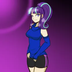 Size: 1024x1024 | Tagged: artist:ixalon, artist:scorpdk, bike shorts, breasts, busty starlight glimmer, clothes, colored, color edit, compression shorts, derpibooru import, edit, female, human, humanized, looking at you, safe, shorts, sleeveless turtleneck, smiling, solo, starlight glimmer