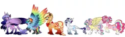 Size: 5000x1500 | Tagged: safe, artist:rarityforever, derpibooru import, applejack, fluttershy, pinkie pie, rainbow dash, rarity, twilight sparkle, twilight sparkle (alicorn), alicorn, classical unicorn, pony, absurd resolution, alternate design, alternate universe, braid, braided tail, cloven hooves, colored wings, colored wingtips, curved horn, ethereal mane, eye scar, eyepatch, image, jewelry, leonine tail, line-up, mane six, missing eye, multicolored wings, png, rainbow feathers, rainbow power, rainbow wings, redesign, regalia, scar, simple background, socks (coat marking), starry mane, tail feathers, twitterina design, unshorn fetlocks, white background