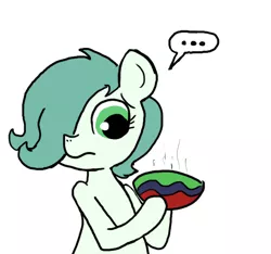 Size: 640x600 | Tagged: safe, artist:ficficponyfic, artist:methidman, color edit, derpibooru import, edit, oc, oc:emerald jewel, unofficial characters only, earth pony, pony, colt quest, ..., bowl, child, colored, colt, cyoa, danger, foal, hair over one eye, male, stew, unsure