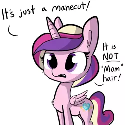 Size: 1280x1280 | Tagged: safe, artist:tjpones, derpibooru import, princess cadance, alicorn, pony, alternate hairstyle, blatant lies, cute, cutedance, denial, dialogue, female, implied flurry heart, maternal coiffure, mom hair, open mouth, simple background, solo, tjpones is trying to murder us, white background