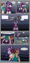 Size: 1024x2138 | Tagged: anthro, artist:mayydayy, ass, belly button, breasts, butt, comic, commission, crotch grab, derpibooru import, dialogue, diamante elegante, fight, horn, horn impalement, kick, looking at each other, oc, oc:pastel, rarity, semi-grimdark, skintight clothes, stabbing, suggestive, wrestling, wrestling ring