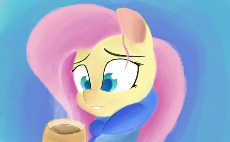 Size: 2184x1347 | Tagged: artist:purpleblackkiwi, bust, chocolate, colored pupils, cozy, cute, derpibooru import, fluttershy, food, hot chocolate, looking at something, portrait, safe, shyabetes, smiling, soft shading, solo, winter