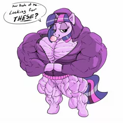 Size: 1800x1800 | Tagged: suggestive, artist:guitartist03, derpibooru import, twilight sparkle, pony, bedroom eyes, bipedal, bubblegum, clothes, fetish, food, gum, hoodie, hyper, hyper muscle, muscle fetish, muscles, overdeveloped muscles, pecs, twilight muscle, undressing