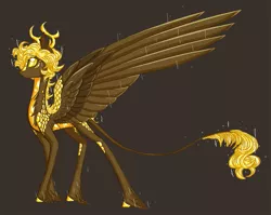 Size: 1321x1053 | Tagged: safe, artist:australian-senior, derpibooru import, oc, oc:cosmo invictus, unofficial characters only, alicorn, dracony, hybrid, kirin, kirindos, alternate universe, antlers, brown background, colored hooves, colored sclera, crossover, golden eyes, image, leonine tail, png, portal, portal (valve), portal 2, scales, simple background, solo, space core, unshorn fetlocks