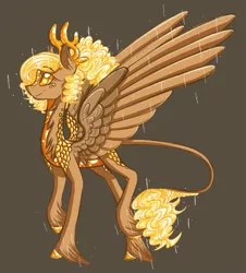 Size: 927x1027 | Tagged: safe, artist:australian-senior, derpibooru import, oc, oc:delly invictus, ponified, unofficial characters only, alicorn, dracony, hybrid, kirin, kirindos, alternate universe, antlers, brown background, colored hooves, colored sclera, crossover, curiosity core, golden eyes, image, leonine tail, png, portal, portal (valve), portal 2, scales, simple background, solo, unshorn fetlocks