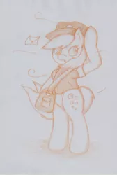 Size: 786x1169 | Tagged: safe, artist:o-silversoul-o, derpibooru import, derpy hooves, pony, bag, bipedal, hat, letter, mail, mailbag, mailmare, mailpony, solo, standing, traditional art, wind