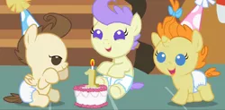 Size: 1332x654 | Tagged: safe, artist:3d4d, derpibooru import, edit, cream puff, pound cake, pumpkin cake, pony, baby, baby pony, birthday cake, cake, colt, filly, foal, food