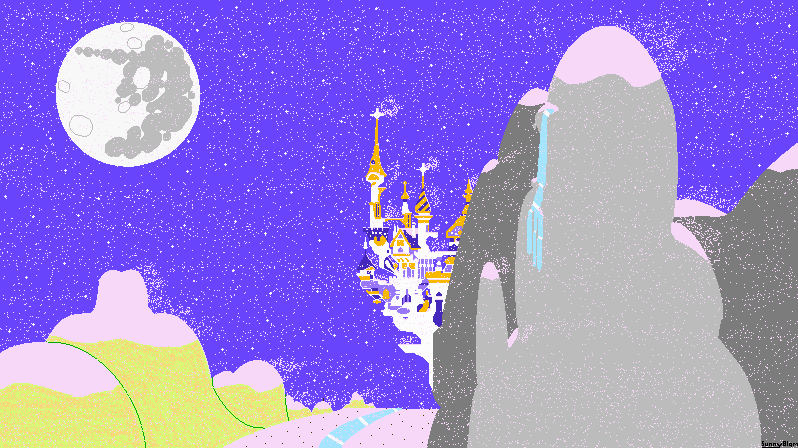 Size: 798x448 | Tagged: artist:sunnyblam, canterlot, derpibooru import, mare in the moon, moon, mountain, night, pixel art, safe, snow, snowfall